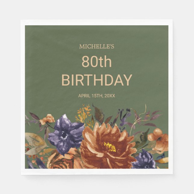 Servilleta De Papel Cumpleaños Floral Naranja Azul Óxido Verde (Anverso)