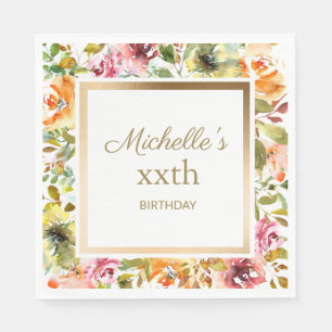 Servilleta De Papel Cumpleaños Floral Naranja Rojo Hojas Verdes Dorado