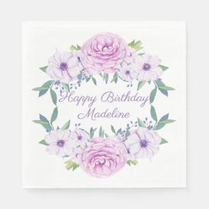 Servilleta De Papel Cumpleaños floral personalizado de lavanda lila pú