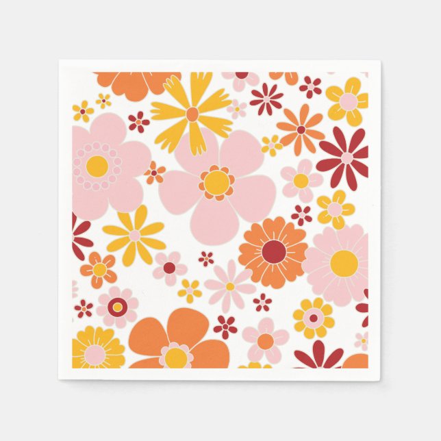 Servilleta De Papel Cumpleaños floral retro naranja rosa (Anverso)