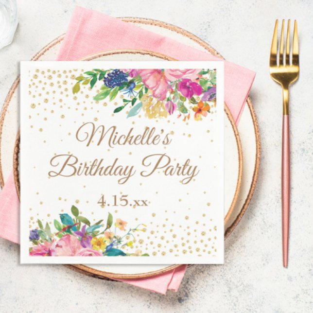Servilleta De Papel Cumpleaños Floral Rosa Amarillo Azul (Elegant pink and yellow watercolor floral and gold glitter birthday party paper napkin)