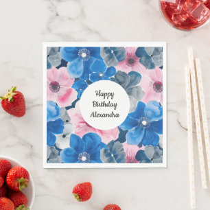 Servilleta De Papel Cumpleaños Floral Rosa Azul Chic