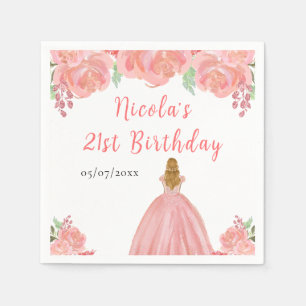 Servilleta De Papel Cumpleaños floral rosa de la princesa de cabello r