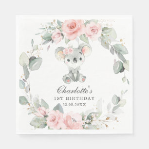Servilleta De Papel Cumpleaños floral rosa tierno koala verde salvia