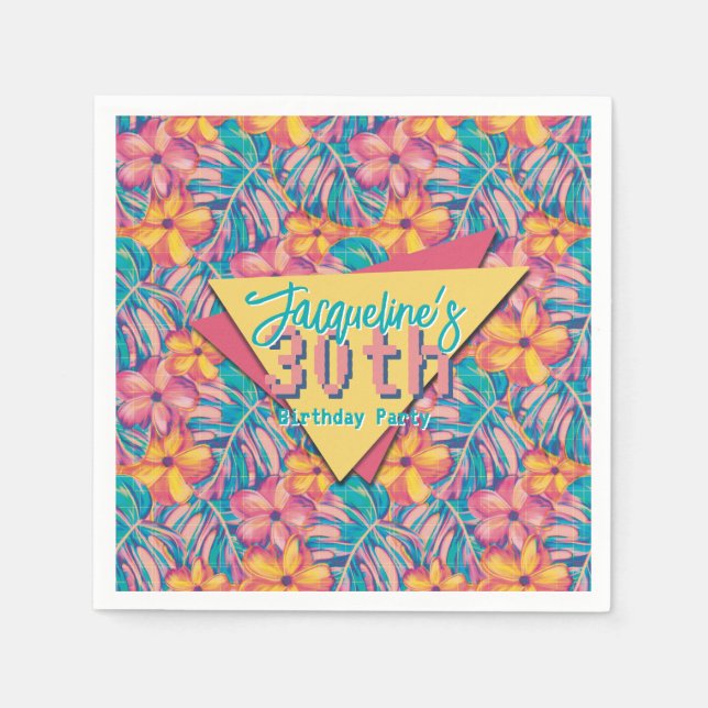 Servilleta De Papel Cumpleaños floral rosa y amarilla retro (Anverso)