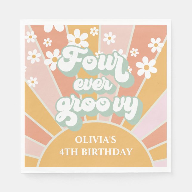Servilleta De Papel Cumpleaños Four Ever Groovy Retro Sunshine Daisy (Anverso)