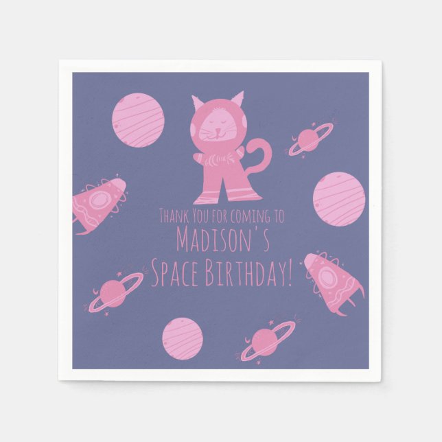 Servilleta De Papel Cumpleaños Galaxia Rosa Space Cat   (Anverso)