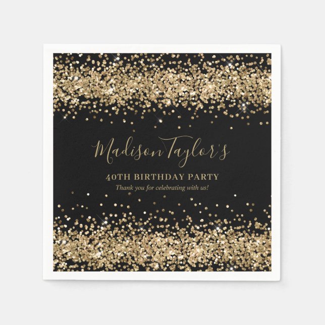 Servilleta De Papel Cumpleaños Glam Negro Oro Brillo Confeti (Anverso)