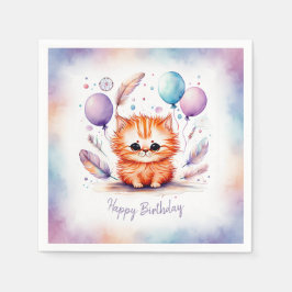 Servilleta De Papel Cumpleaños Globos Gatito Rojo Acuarela Adorable