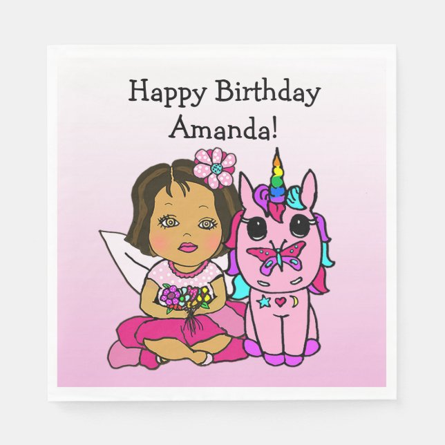 Servilleta De Papel Cumpleaños Hada y Niñas Unicornio Fiesta (Anverso)
