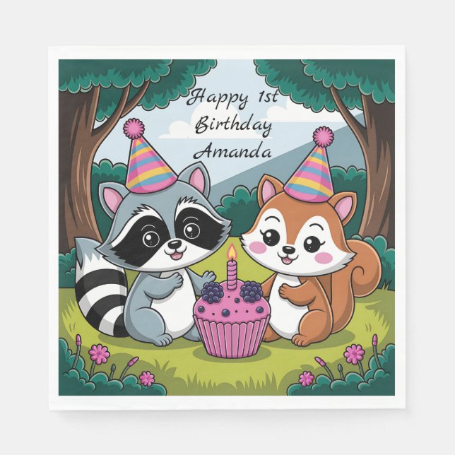 Servilleta De Papel Cumpleaños lindo de Ardilla y Mapache (Anverso)