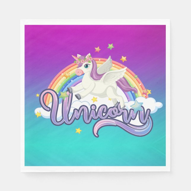 Servilleta De Papel Cumpleaños Mágico Unicornio Arcoíris Caprichoso  (Anverso)