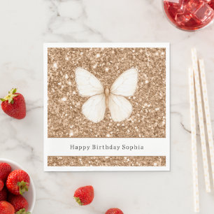 Servilleta De Papel Cumpleaños Mariposa Blanca Brillo Falso Dorado