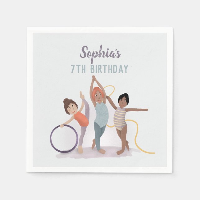 Servilleta De Papel Cumpleaños moderno de niñas gimnasia morado (Anverso)