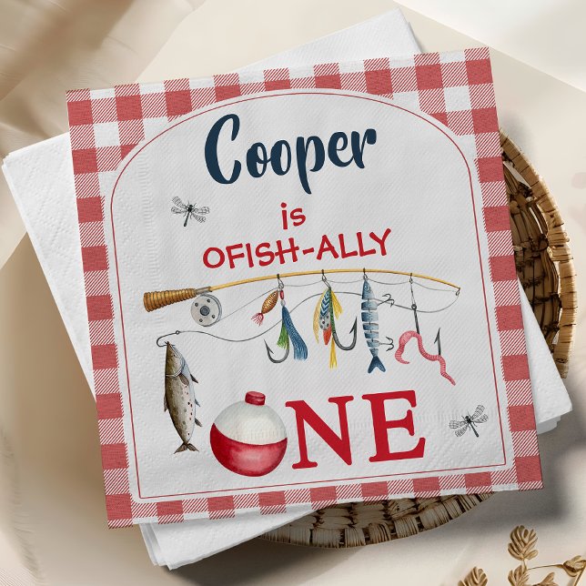 Servilleta De Papel Cumpleaños moderno rojo de cuadros Ofishally uno 1 (Fishing themed O-fish-ally 1st birthday party Napkins,
Ofish-ally One 1st Birthday Paper Napkin,)