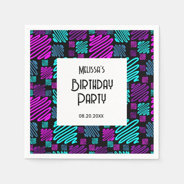 Servilleta De Papel Cumpleaños Negro Patrón Geométrico Neon Brillante (Anverso)