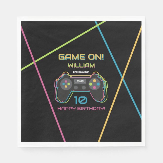 Servilleta De Papel Cumpleaños Neon de Juegos de Video para Adolescent (Anverso)