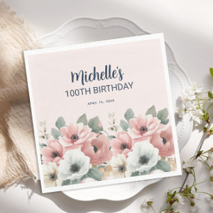 Servilleta De Papel Cumpleaños número 100 de flores acuarela rosadas