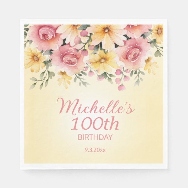 Servilleta De Papel Cumpleaños número 100 floral de primavera rosa ama (Anverso)