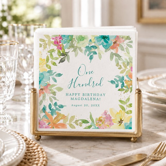 Servilleta De Papel Cumpleaños número 100 personalizado con flores acu (Subido por el creador)