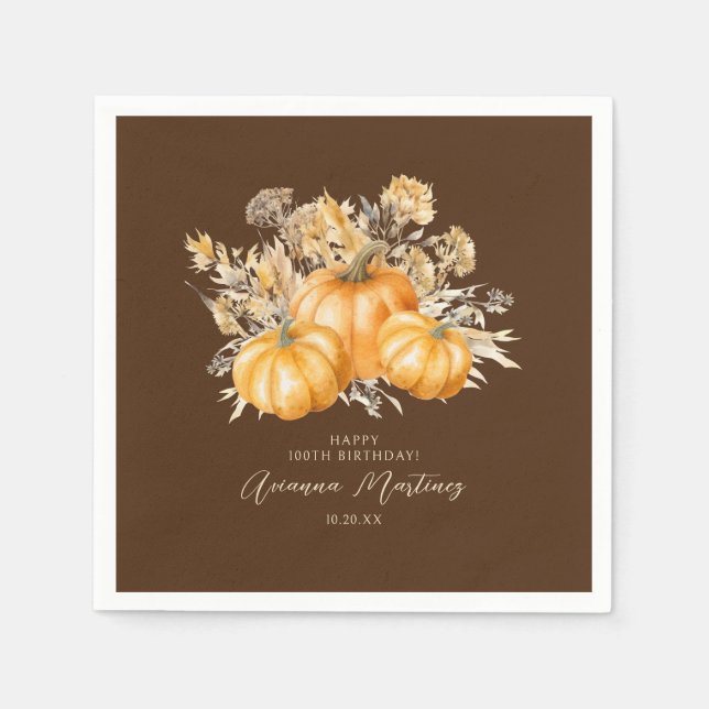 Servilleta De Papel Cumpleaños número 100 Rústico Boho Calabaza Follaj (Anverso)