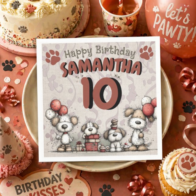 Servilleta De Papel Cumpleaños número 10 de niña rústica con cachorrit (Cute puppy dog 10th birthday paper napkins)