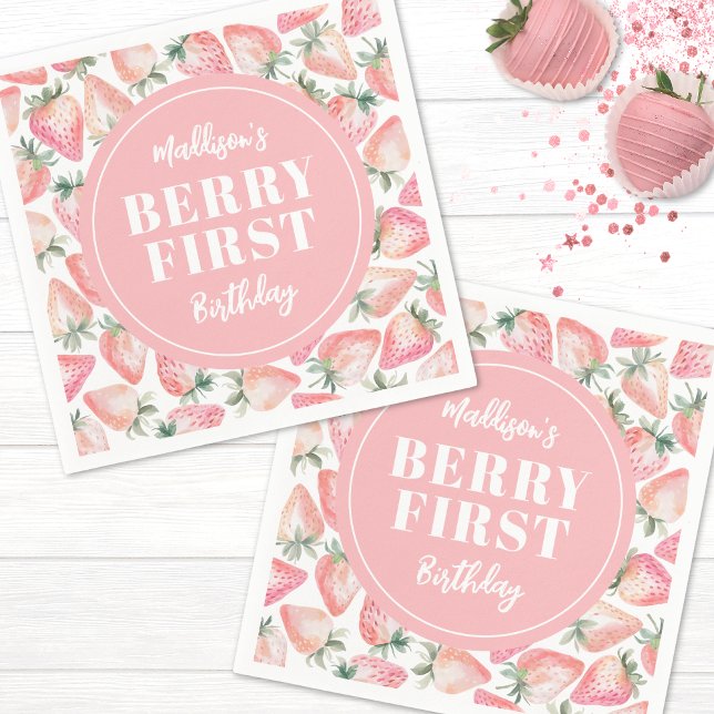 Servilleta De Papel Cumpleaños número uno de Fresa y Bayas (Strawberry Berry First 1st Birthday Party Napkins)