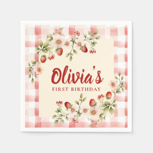Servilleta De Papel Cumpleaños Número Uno de Gingham Floral de Fresa