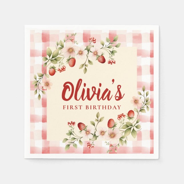 Servilleta De Papel Cumpleaños Número Uno de Gingham Floral de Fresa (Anverso)