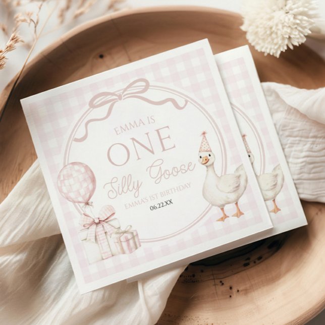 Servilleta De Papel Cumpleaños número uno de Silly Goose con lazo rosa (Subido por el creador)
