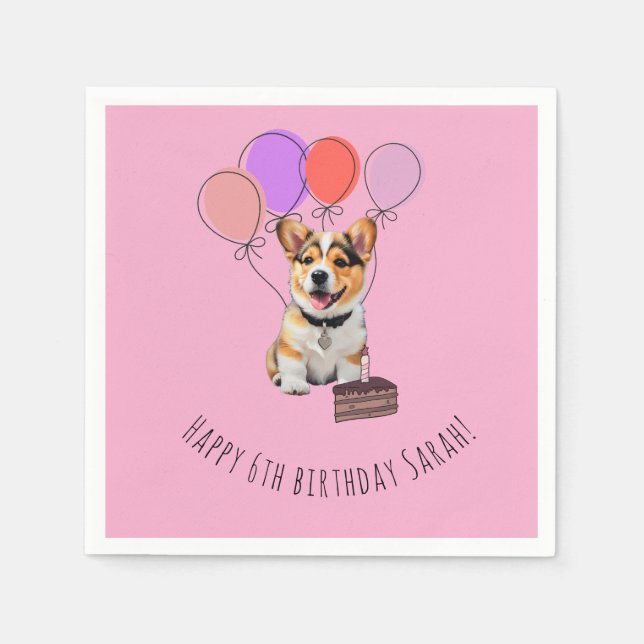 Servilleta De Papel Cumpleaños Personalizable de Corgi Rosa Adorable (Anverso)