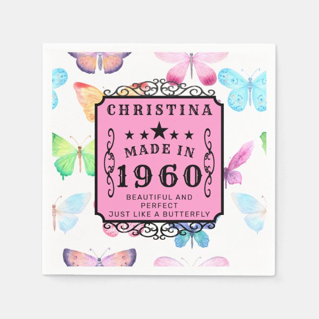 Servilleta De Papel Cumpleaños Personalizado 1960 Mariposa Añadir tu n (Anverso)