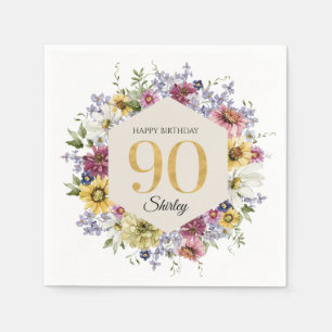 Servilleta De Papel Cumpleaños personalizado de 90 años con flores sil