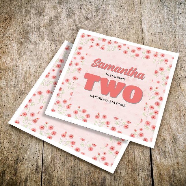 Servilleta De Papel Cumpleaños personalizado de niña con flores rosada (Cute Second Birthday Party Custom Napkins.)