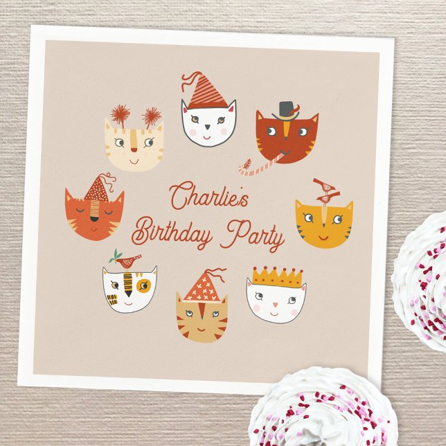 Servilleta De Papel Cumpleaños personalizado de un gato kitsch (Cute kitty cat themed personalized birthday party paper napkins)
