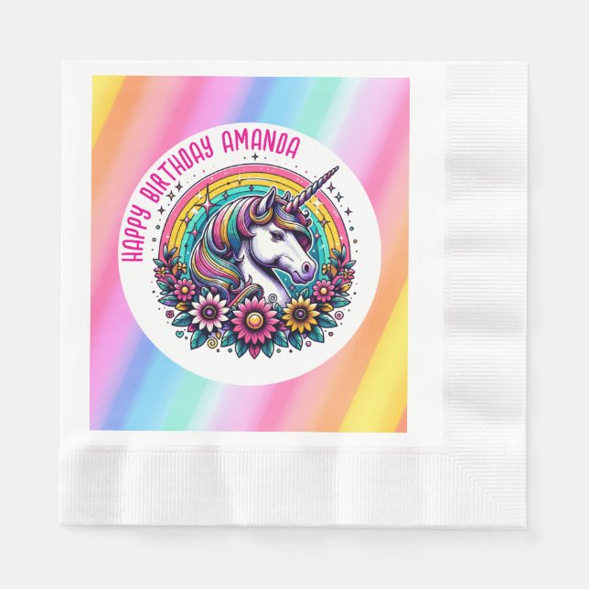 Servilleta De Papel Cumpleaños personalizado de Unicornio y Arcoiris c (Anverso)