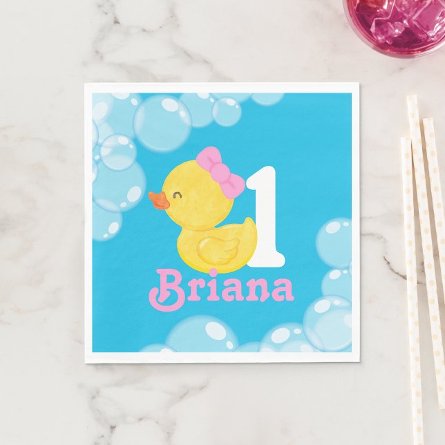 Servilleta De Papel Cumpleaños personalizado del Chica azul del pato d (Blue Girl Rubber Duck Personalized Birthday Napkins)