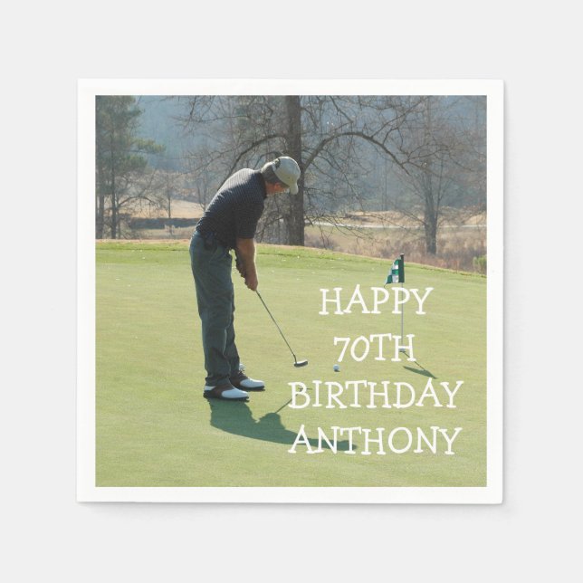 Servilleta De Papel Cumpleaños Personalizado Golfer 70th Photo Dad Par (Anverso)