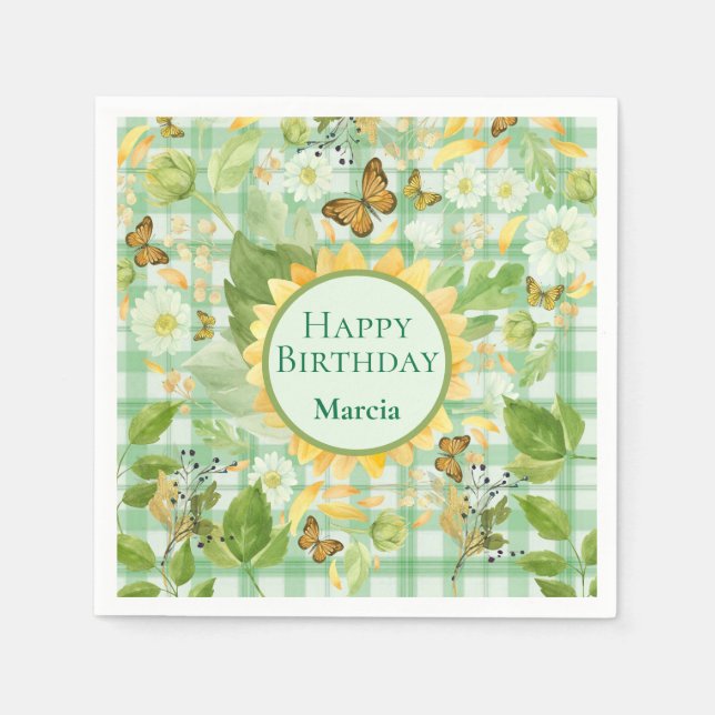 Servilleta De Papel Cumpleaños personalizado Mariposa Gingham Verde Gi (Anverso)
