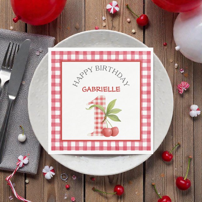 Servilleta De Papel Cumpleaños primero rojo de cuadros de cereza del b (Subido por el creador)