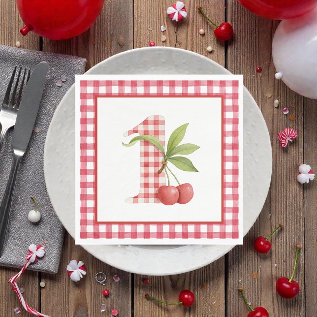 Servilleta De Papel Cumpleaños primero rojo gingham de cereza del bebé (Subido por el creador)