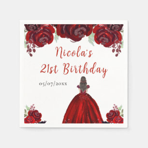 Servilleta De Papel Cumpleaños Princesa Cabello Marrón Floral Rojo