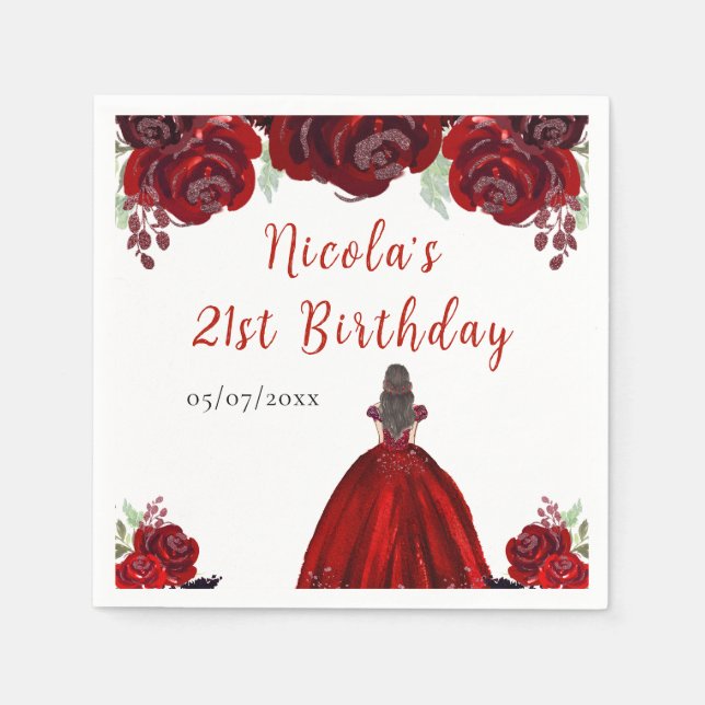 Servilleta De Papel Cumpleaños Princesa Cabello Marrón Floral Rojo (Anverso)