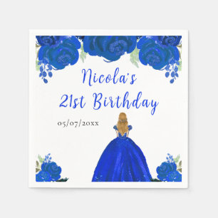 Servilleta De Papel Cumpleaños Princesa Cabello Rubio Floral Azul
