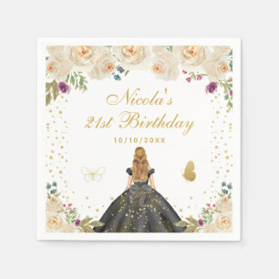 Servilleta De Papel Cumpleaños Princesa Cabello Rubio Floral Crema