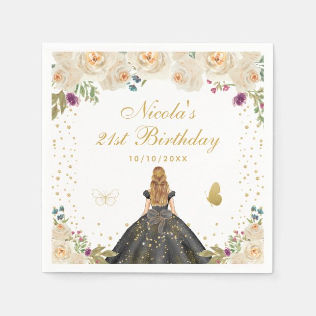 Servilleta De Papel Cumpleaños Princesa Cabello Rubio Floral Crema (Anverso)