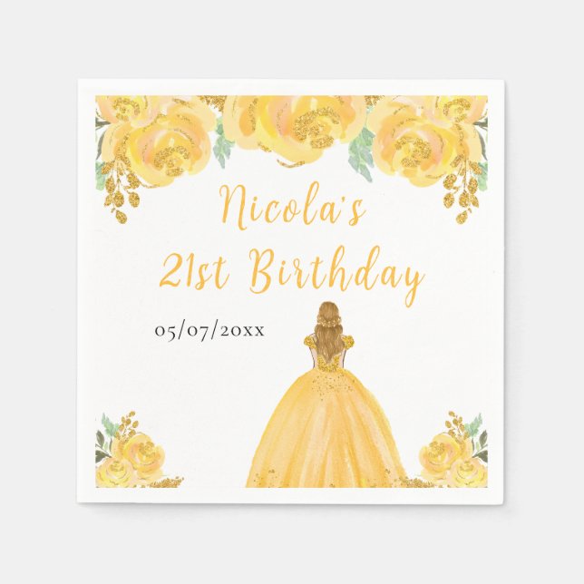 Servilleta De Papel Cumpleaños Princesa Cabello Rubio Floral Dorado (Anverso)