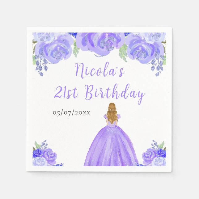 Servilleta De Papel Cumpleaños Princesa Cabello Rubio Floral Púrpura (Anverso)