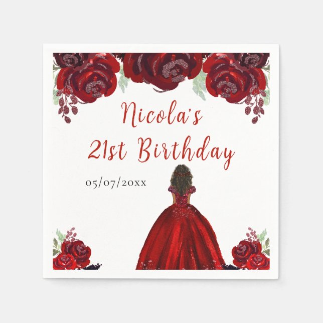 Servilleta De Papel Cumpleaños Princesa de Flores Rojas (Anverso)