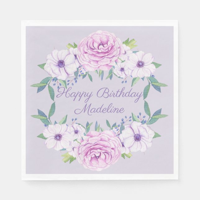 Servilleta De Papel Cumpleaños Purple con la Floral Lilac Lavender (Anverso)
